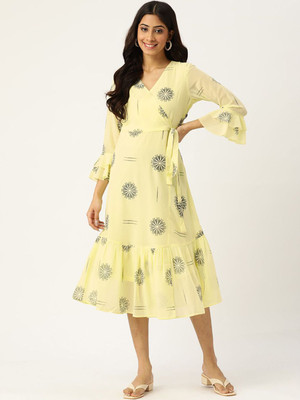 CHEMISTRY Women A-line Yellow Midi/Calf Length Dress