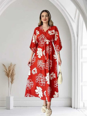 BRAVAL TEXTILE Women Fit and Flare Red Midi/Calf Length Dress