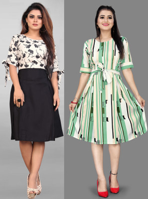 Threadhunter Women A-line Beige, Light Green Below Knee Dress