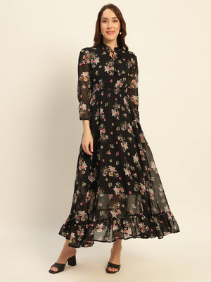 Deewa Women Fit and Flare Black Maxi/Full Length Dress