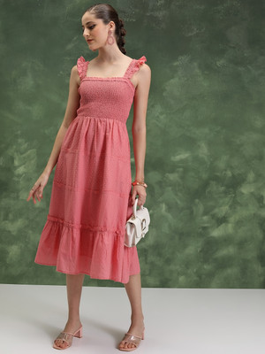 Vishudh Women Gathered Pink Midi/Calf Length Dress