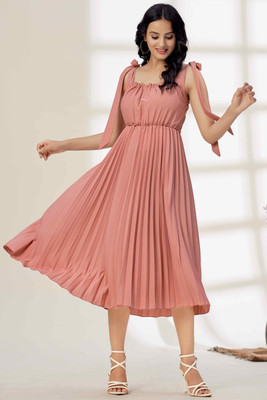 Glomee Women Pleated Pink Midi/Calf Length Dress