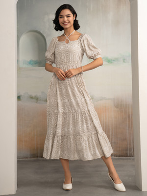 AASK Women Fit and Flare Brown Midi/Calf Length Dress