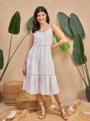ZUMMER Women Fit and Flare White Midi/Calf Length Dress