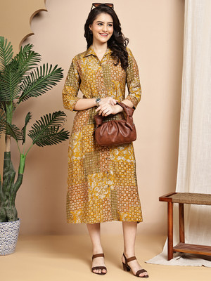 Claura Women Fit and Flare Yellow Midi/Calf Length Dress