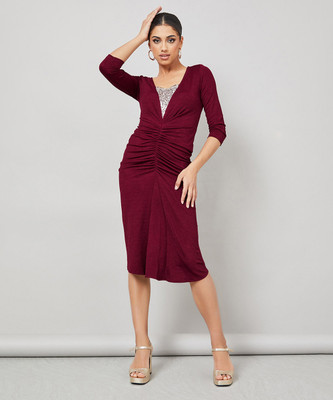 Miss Chase Women Sheath Maroon Midi/Calf Length Dress