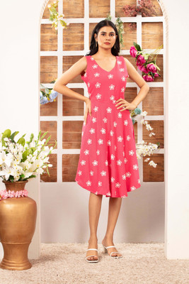 Gul West Women Fit and Flare Pink Knee Length Dress