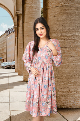 HOC's Women Empire Waist Pink Knee Length Dress