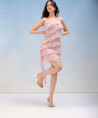 The Indian Garage Co. -Freehand Women Ruffled Pink Above Knee/Mid Thigh Length Dress