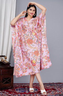 Parth Creation Women Kaftan White Midi/Calf Length Dress
