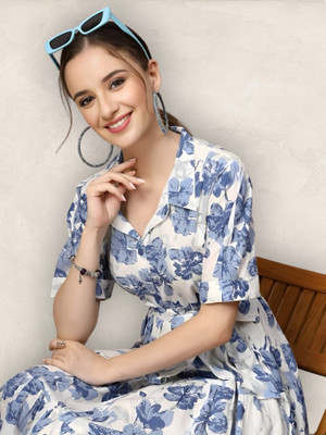 fashionstreet Women Fit and Flare White Midi/Calf Length Dress