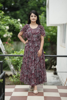 Eightone Women Fit and Flare Maroon Below Knee Dress