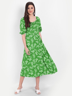 MINGLAY Women Fit and Flare Green Maxi/Full Length Dress