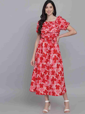 poojagarments Women Fit and Flare Red Maxi/Full Length Dress