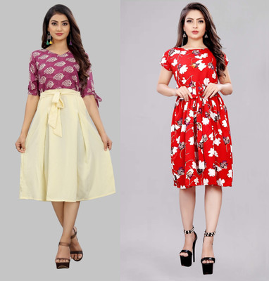 tanvi creation Women Fit and Flare Pink Knee Length Dress