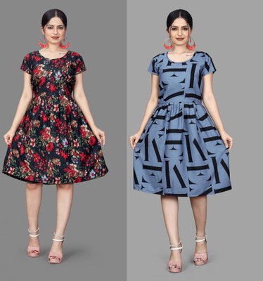 MAHADEV Women Fit and Flare Multicolor Below Knee Dress