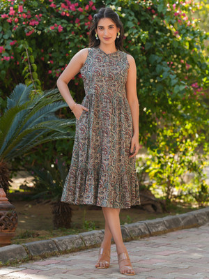 Janasya Women A-line Multicolor Midi/Calf Length Dress