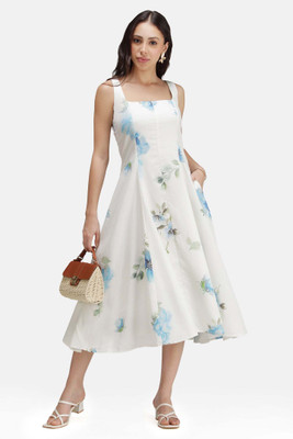 virgio Women Fit and Flare White Midi/Calf Length Dress