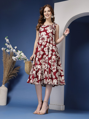 GLAMALUE Women Fit and Flare Maroon Above Knee/Mid Thigh Length Dress