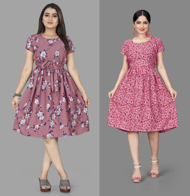 Madhave Women Fit and Flare Pink Knee Length Dress