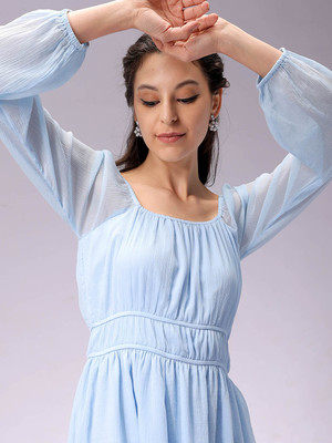 The Indian Garage Co. -Freehand Women Fit and Flare Blue Above Knee/Mid Thigh Length Dress