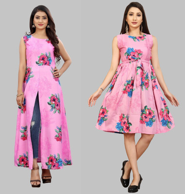tanvi creation Women Fit and Flare Pink Below Knee Dress