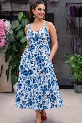 Chaukas Women Fit and Flare White, Blue Maxi/Full Length Dress