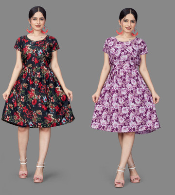 Madhave Women Fit and Flare Multicolor Below Knee Dress