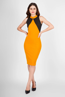 Wownoon Women Bodycon Yellow Knee Length Dress