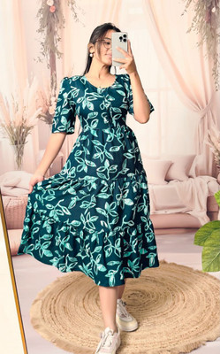 Shreeji Boutique Women A-line Light Blue Midi/Calf Length Dress