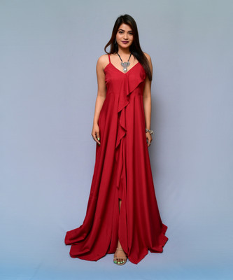 diyaz Women Fit and Flare Red Maxi/Full Length Dress