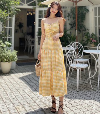 QUINTESSENTIALS Women Blouson Yellow Maxi/Full Length Dress