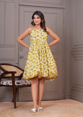 AKSHUNA Women Balloon/Bubble Yellow Mini/Short Dress