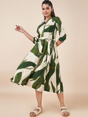Jemcy Women A-line Green, Beige Knee Length Dress