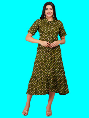Jyoti Women Fit and Flare Green Midi/Calf Length Dress