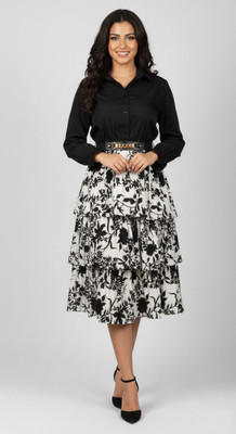 IQQA AZZU FASHIONS Women A-line Black, White Midi/Calf Length Dress