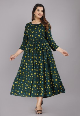 Kavach Women Ethnic Dress Dark Green, Yellow, Light Blue Dress