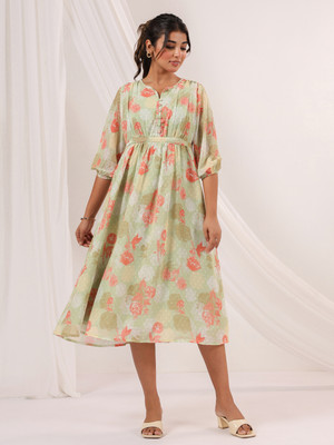Janasya Women A-line Light Green Midi/Calf Length Dress