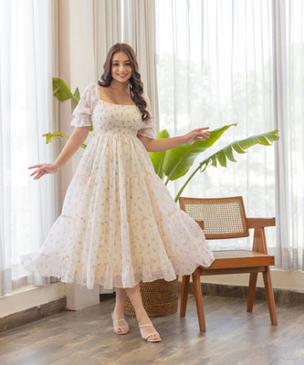 Dream Tree Women Fit and Flare White Maxi/Full Length Dress