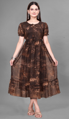 QUEUEE CREATION Women Fit and Flare Brown Midi/Calf Length Dress