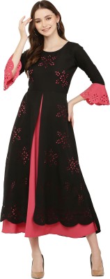 Avyanna Women Fit and Flare Pink, Black Dress