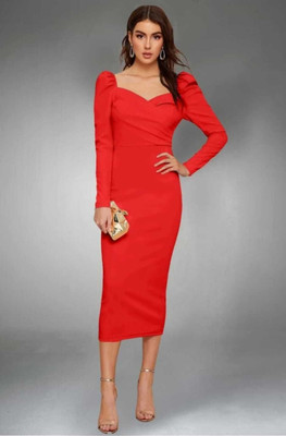 Ladiikway Women Bodycon Red Knee Length Dress