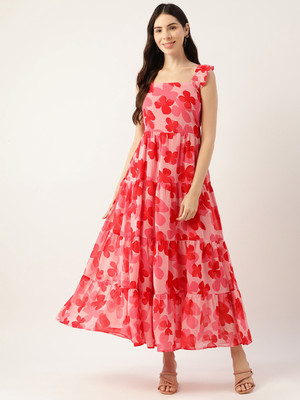 Deewa Women Fit and Flare Pink, Red, White Maxi/Full Length Dress