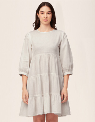 moomaya Women Gathered White Above Knee/Mid Thigh Length Dress