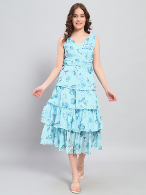 Deewa Women Fit and Flare Blue Midi/Calf Length Dress