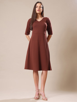 PURVAJA Women Fit and Flare Brown Knee Length Dress
