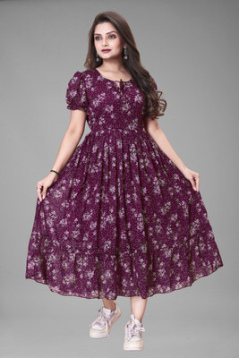GROMint Women Fit and Flare Purple Maxi/Full Length Dress