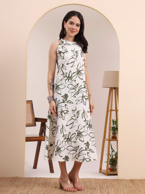 IKRASS Women A-line White, Green Midi/Calf Length Dress
