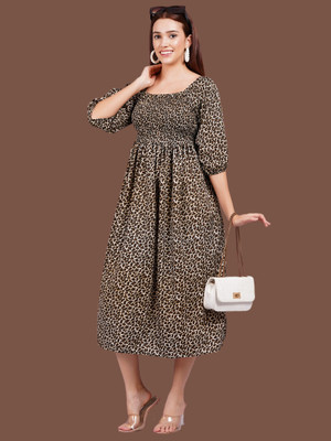 Oh Mi Dios Women Fit and Flare Brown Midi/Calf Length Dress
