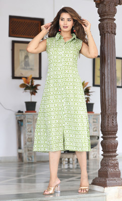 HouseOfCommon Women Fit and Flare Green Maxi/Full Length Dress
